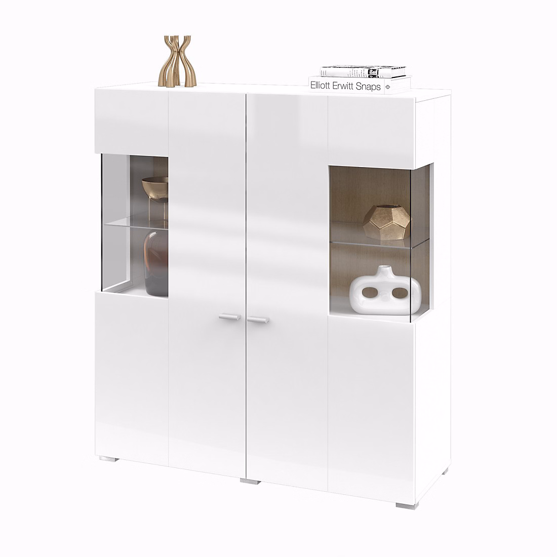 Meuble – Buffet haut collection KOBEE 2 portes vitrées avec LED intégrée. Couleur blanc et chene.