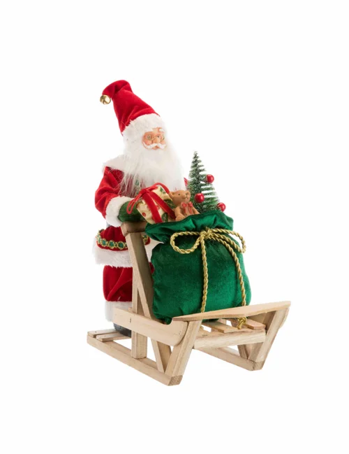 Une solution pour le jardin:Père Noël traditionnel en tissu rouge et vert poussant un traîneau avec hotte - 30 cm