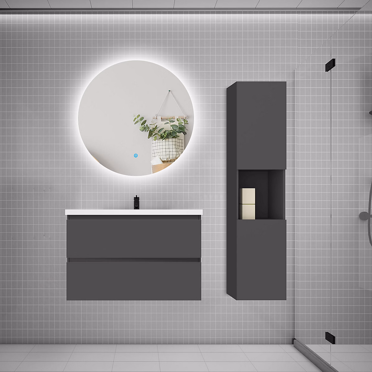 Ensemble meuble anthracite et vasque L.80cm 2 tiroirs + colonne haut + lavabo + miroir 60 × 60cm – suspendu