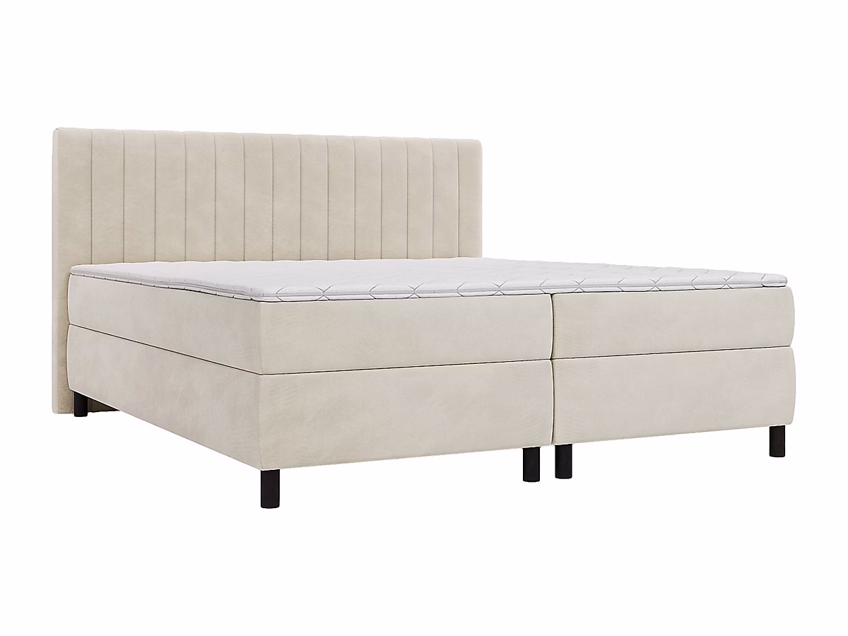 Ensemble complet boxspring tête de lit coutures verticales + sommier + matelas + surmatelas – 2 × 90 × 200 cm, Velours, Beige
