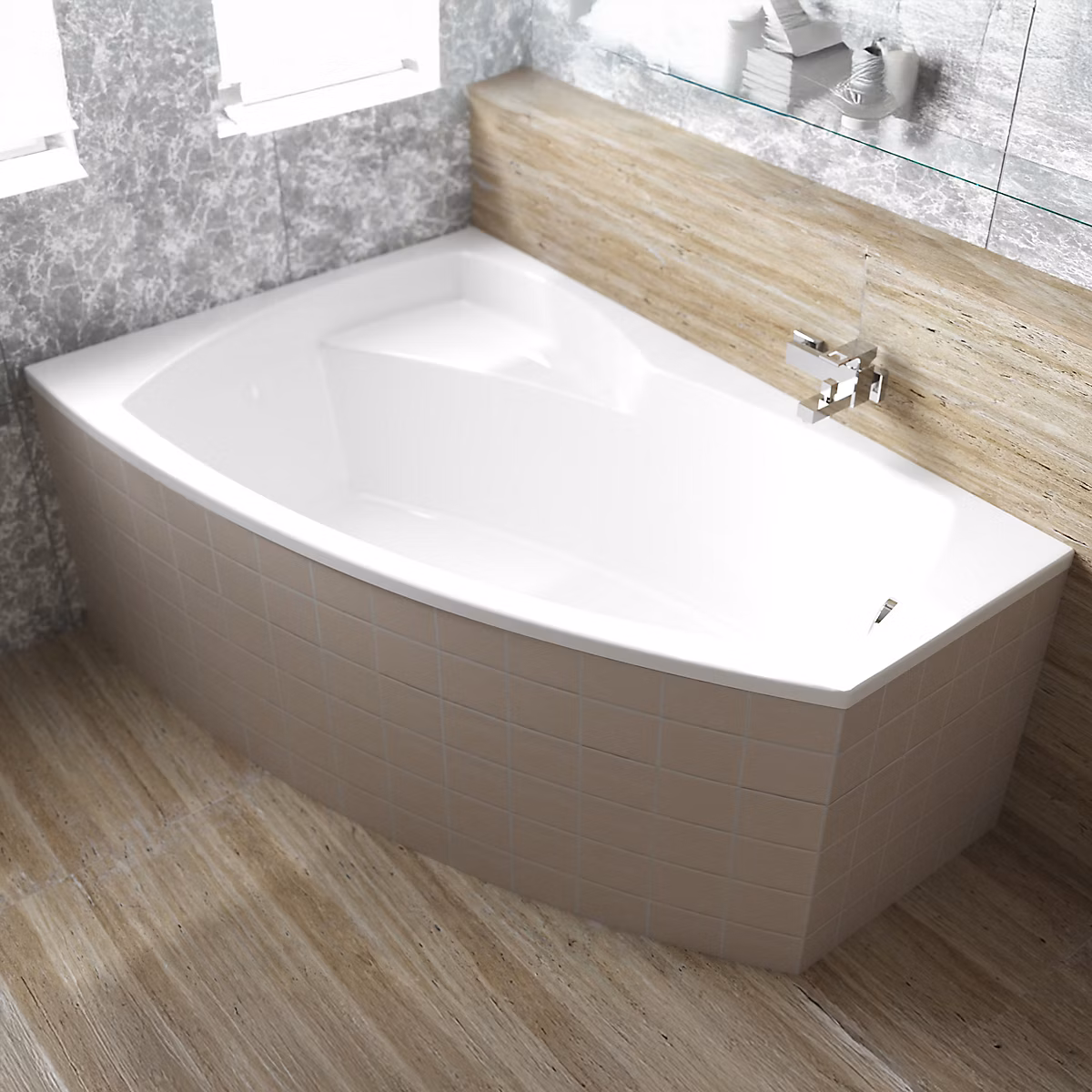 Baignoire asymétrique 150 x 90 Gauche FRIDA acrylique blanc + Habillage en polystyrène + Pieds + Vidage à chromé | Baignoire