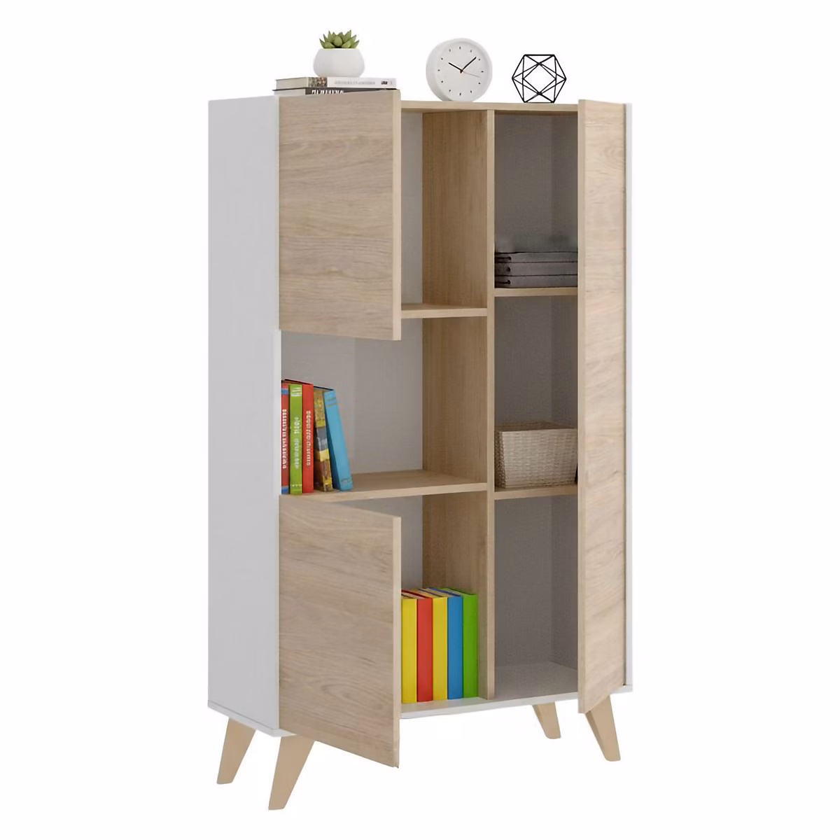 Buffet Boario – Buffet de salon haut, Buffet de salon moderne avec 3 portes, 81 × 43h135 cm, Chêne et Blanc