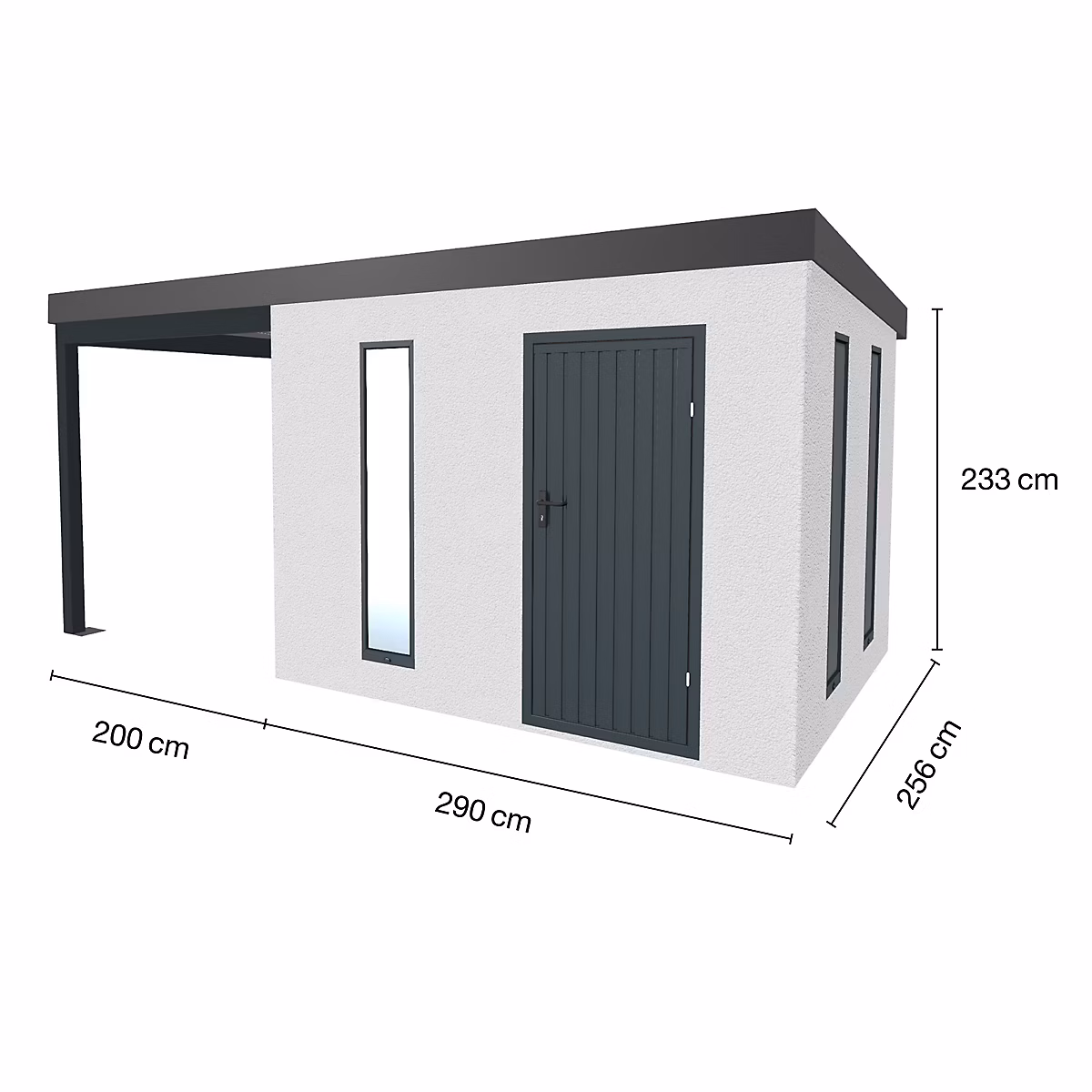 Abri de jardin en métal finition crépi 2900 × 2560 mm blanc avec auvent à gauche 2000 × 2560 mm anthracite