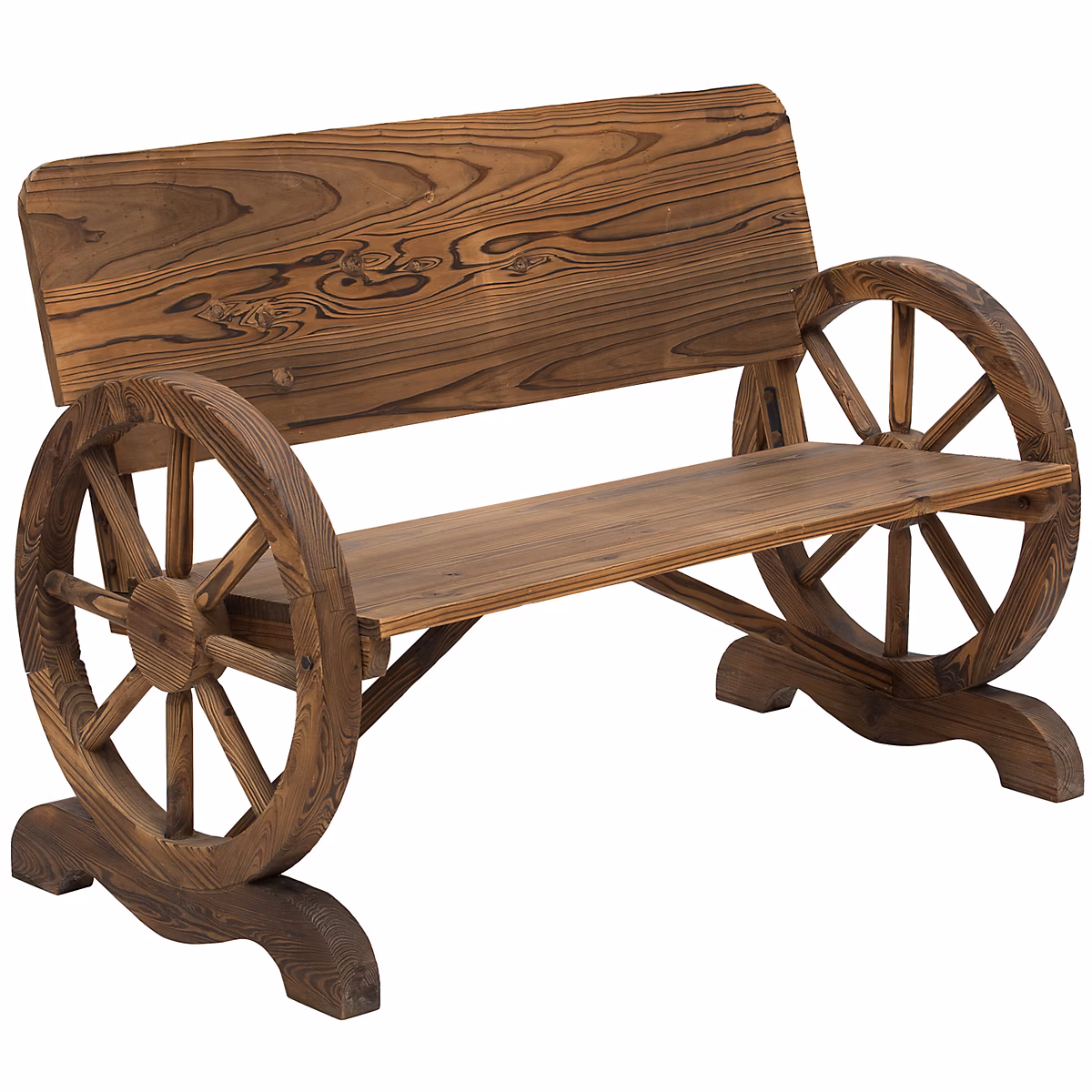 Banc de jardin 3 places style rustique chic accoudoirs roues de charette bois sapin traité carbonisation – Réf. JORVQIBWF2341310432