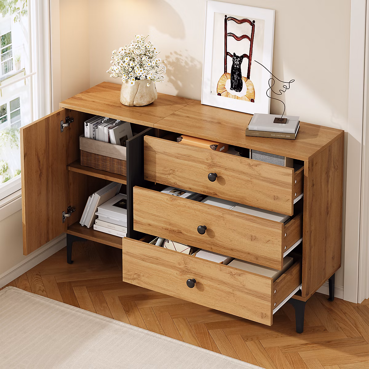 Buffet avec 3 Tiroirs et Étagères – Meuble de Rangement | Porte et Pieds en Métal | Naturel et Noir | 120 × 35 × 76 cm