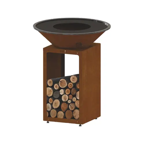 Extérieur sélection:Brasero de cuisson coloris cognac avec porte-bûches B.B.O 78 Oyat - 78 cm