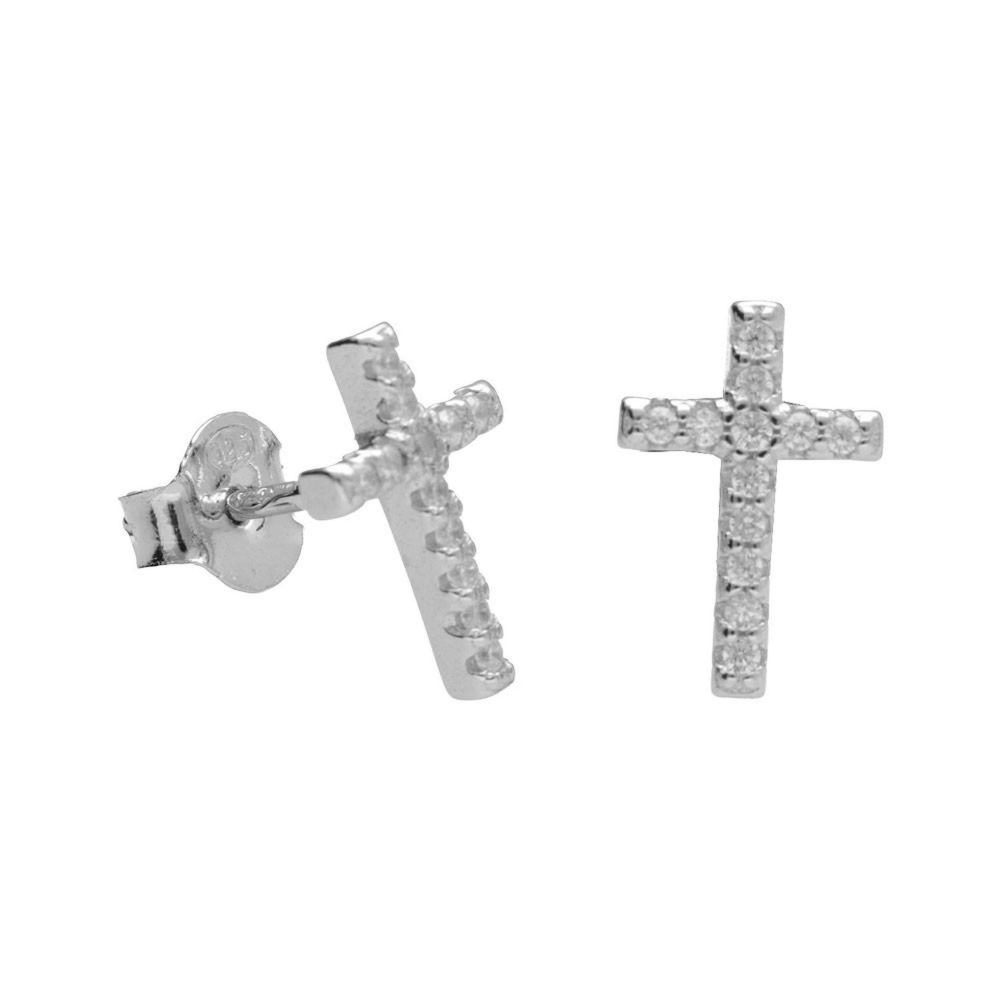 L'ATELIER D'AZUR Boucles d'Oreilles Argent 925/000 Rhodié - Croix Pavée de Zirconiums