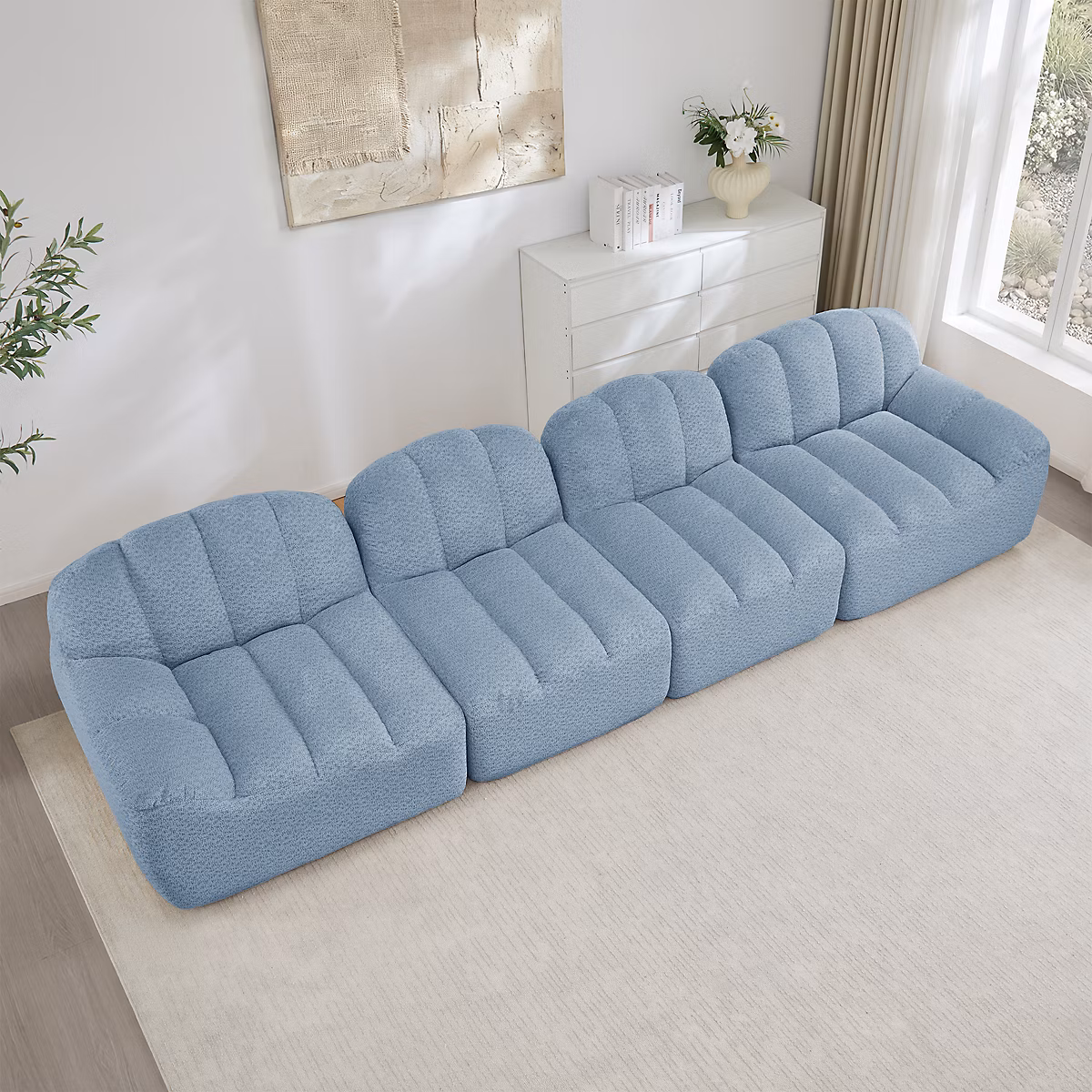 Canapé modulable 4 places sans structure – aucun assemblage,Coussins Profonds,Forme Coquillage,Polaire granuleuse((Bleu)
