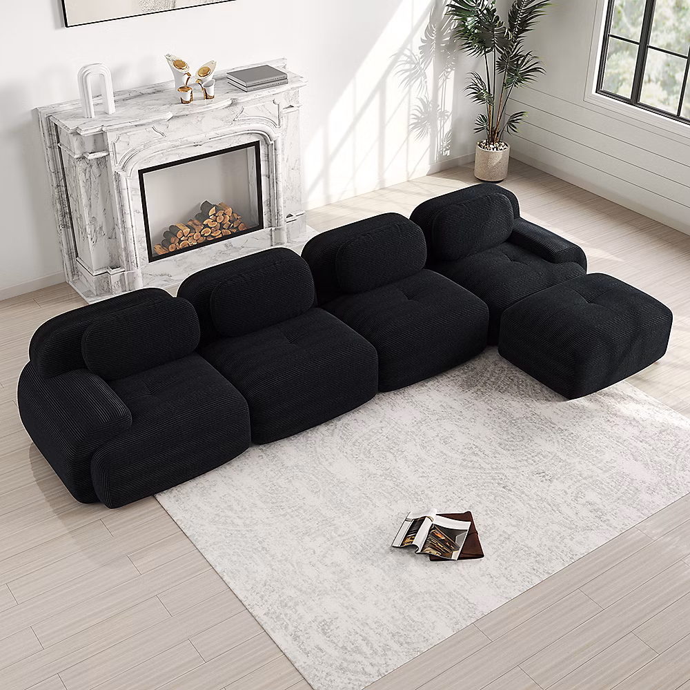 Canapé d'angle 4 places – noir, rembourrage élastique 32D, antidérapant, chaise longue, accoudoirs extra, larges