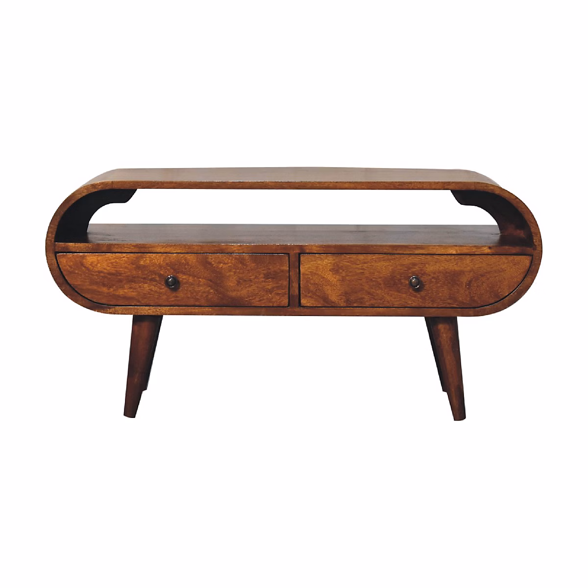 Artisan Furniture Bois massif châtaignier circulaire meuble TV – 2 tiroirs, 1 niche ouverte, marron foncé