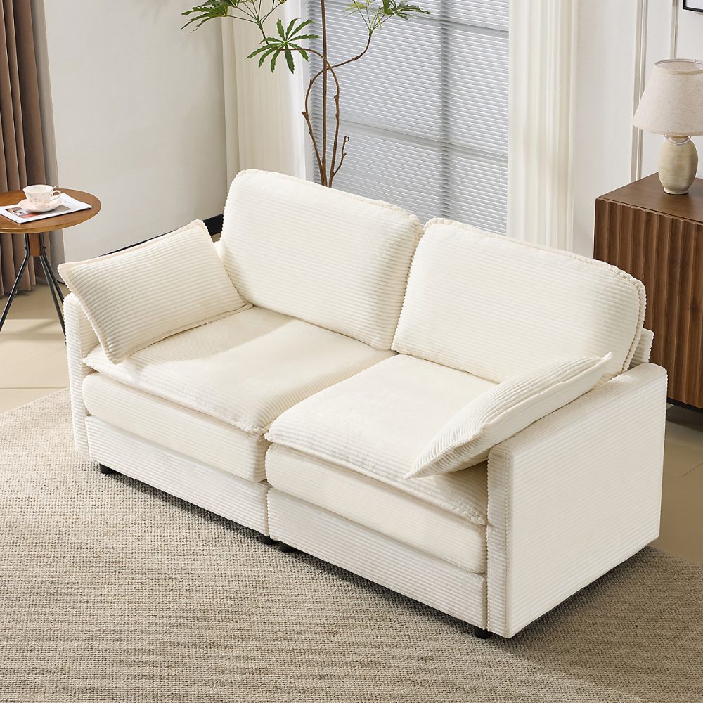Canapé 2 places en tissu côtelé blanc – structure bois | design moderne et assise profonde