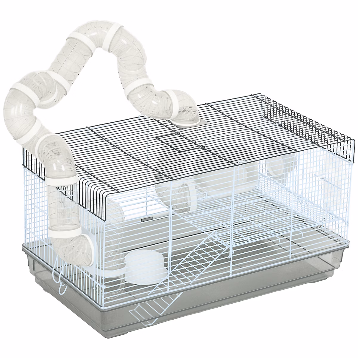 Cage rongeur hamster – tunnel, poignée, accessoires, plastique acier gris blanc