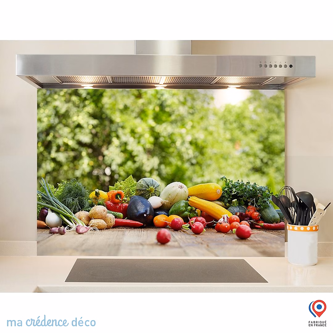 Crédence cuisine fond de hotte Légumes et jardin | Verre trempé – L 70 cm x H 60 cm – MaCrédenceDéco