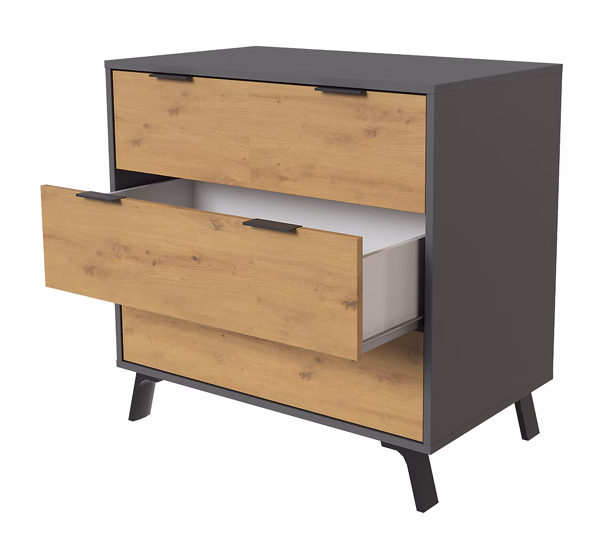 Commode – meuble de rangement avec 3 tiroirs coloris gris, chêne, Hauteur 78 x Longueur 80 x profondeur 48 cm