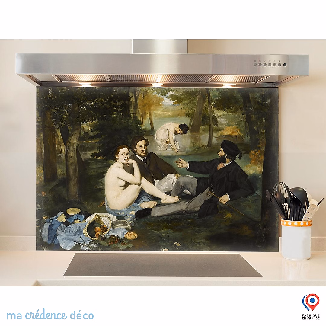 Crédence cuisine fond de hotte Edouard Manet – Le Déjeuner sur l'herbe, Verre trempé, L 90 cm x H 70 cm, MaCrédenceDéco