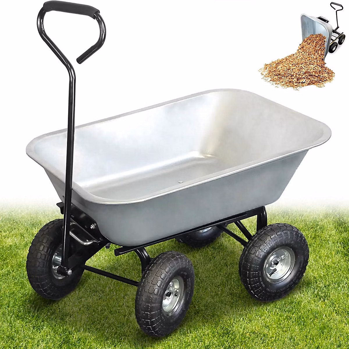 Chariot de Jardin à Main 75L – 4 Roues Gonflables D.260 mm, Benne Basculante, Max 250 KG, Long Manche, 86 × 60,5 CM