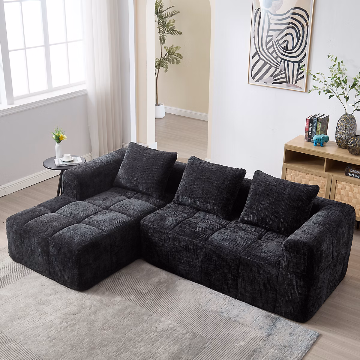 Canapé d'angle 3 places 250 × 158 × 60 cm en chenille avec chaiselongue – modulable, sans installation, noir