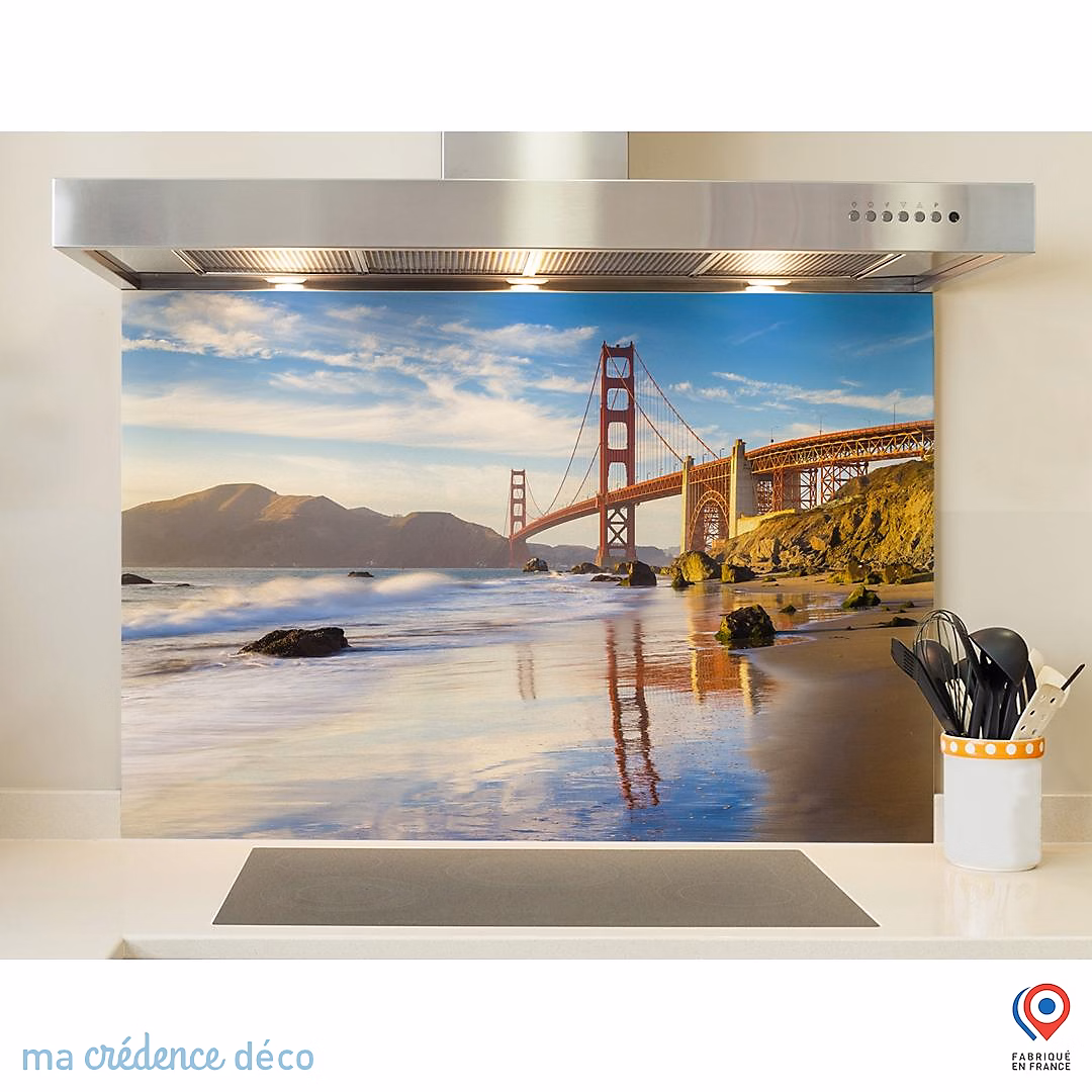 Crédence cuisine fond de hotte Plage et pont San francisco – Verre trempé, L 90 cm x H 50 cm, MaCrédenceDéco