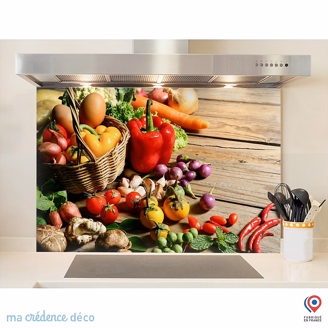 Crédence cuisine fond de hotte Légumes et panier – Alu composite, L 90 cm x H 70 cm, MaCrédenceDéco