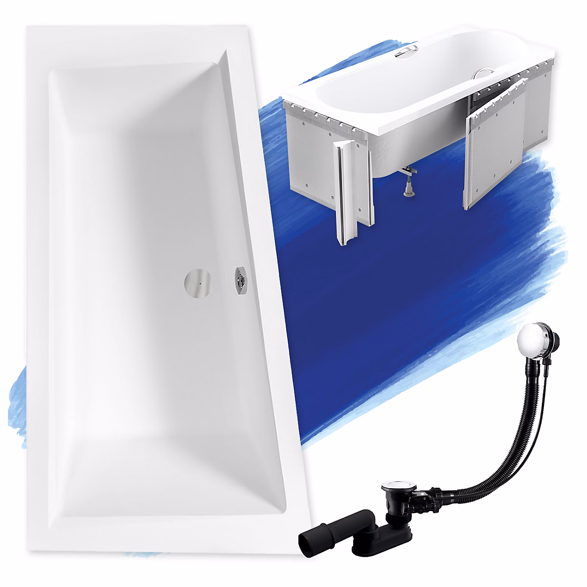 Baignoire asymétrique 160 x 90 Gauche INTIMA acrylique blanc + Habillage en polystyrène + Pieds + Vidage à chromé | Baignoire