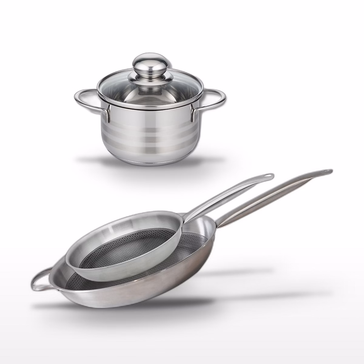 Batterie de cuisine avec 2 poêles 28/32 cm et 1 faitout 12 cm en inox sans PFAS Elo Collection Relief Solution Brillant – Réf. JVINAVSHK5272990553