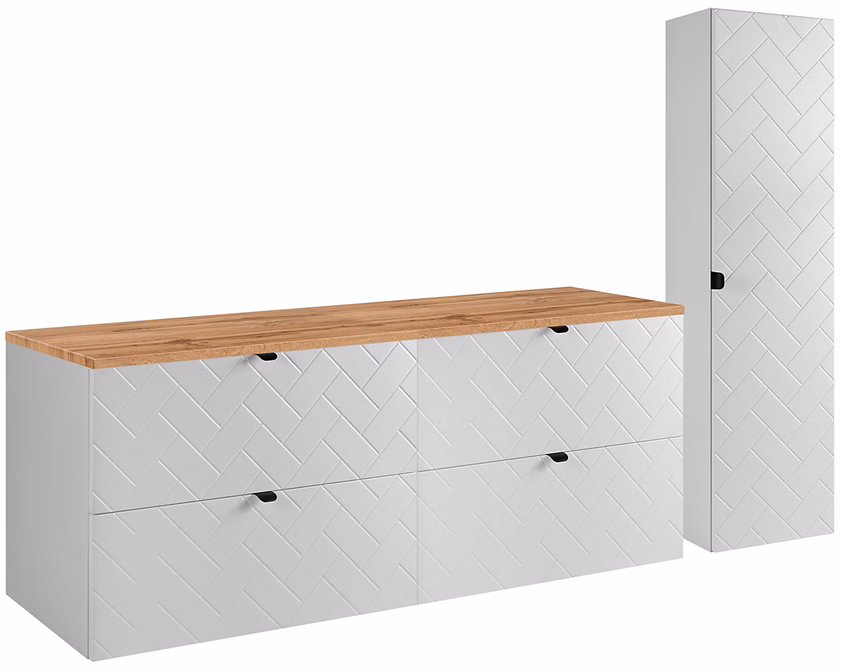 Ensemble un meuble sous vasque 160 cm avec le plan CHÊNE et une colonne 35/136 cm à suspendre MADIS BLANC – Réf. NRDUJQMGF5312700155