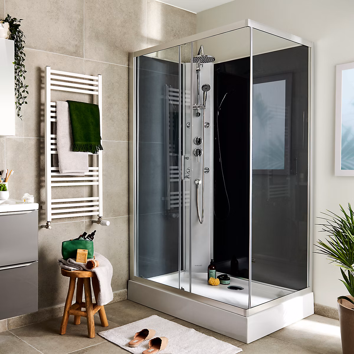 Cabine de douche l.80 x L.120 x H.225 cm – hydromassante | grise | profilés chromés | montage rapide | GoodHome Onega