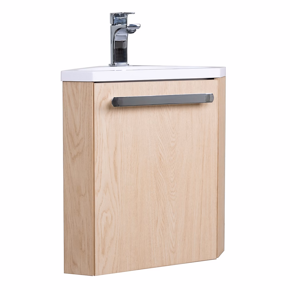 Meuble vasque d'angle compact suspendu effet chêne + plan vasque blanc en résine – Homesight Skino