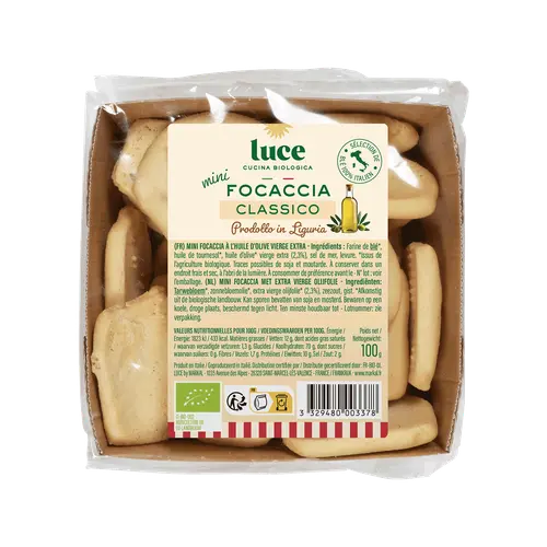 Pratique au jardin:Mini focaccia origan & olives noires bio Luce - 100 g