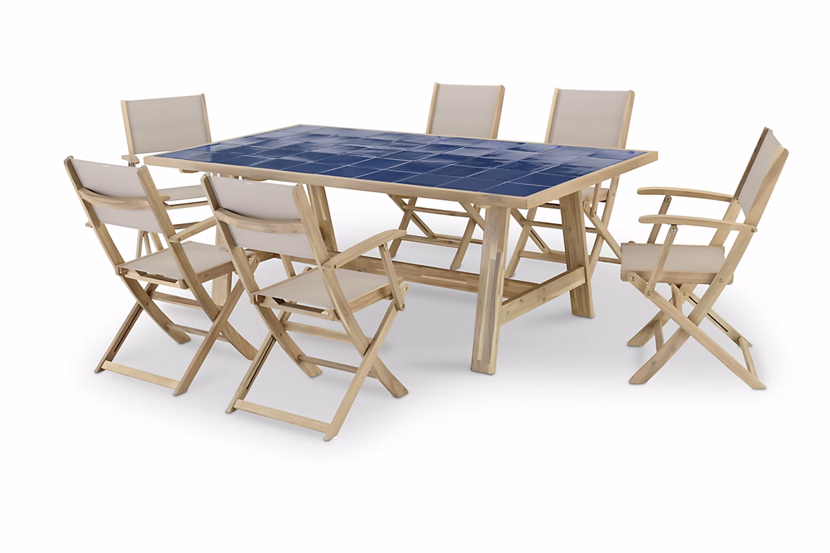 Ensemble salle à manger jardin table en bois et céramique bleue 205x105 + 6 chaises bois et beige textile – Java Light