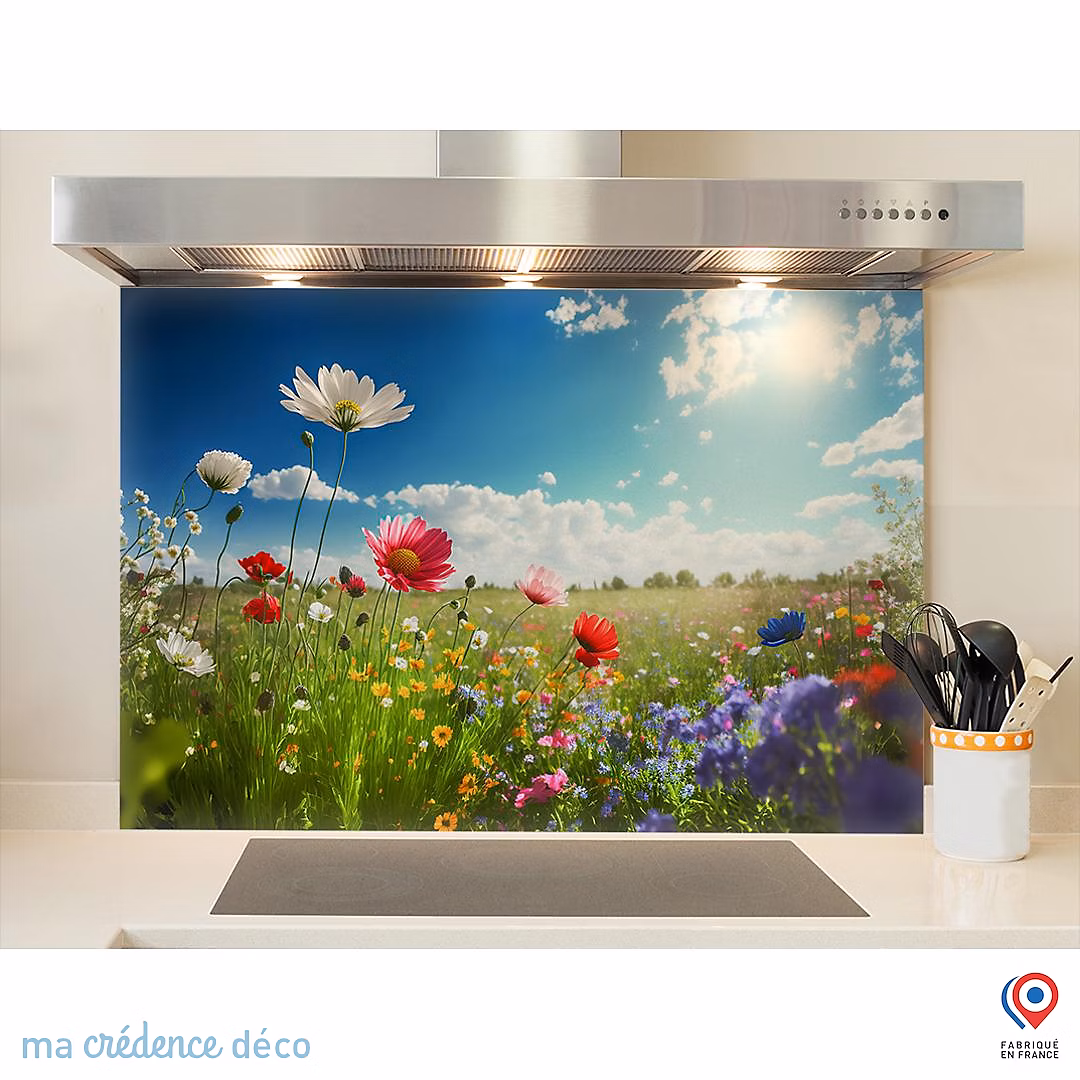 Crédence cuisine fond de hotte fleurs sauvages 3 – Alu composite | L 90 cm x H 50 cm | MaCrédenceDéco