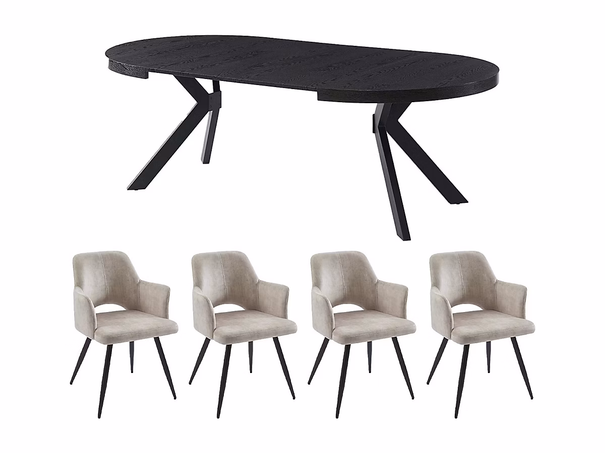 Ensemble table KOMONI + 4 chaises KADIJA – Noir et beige