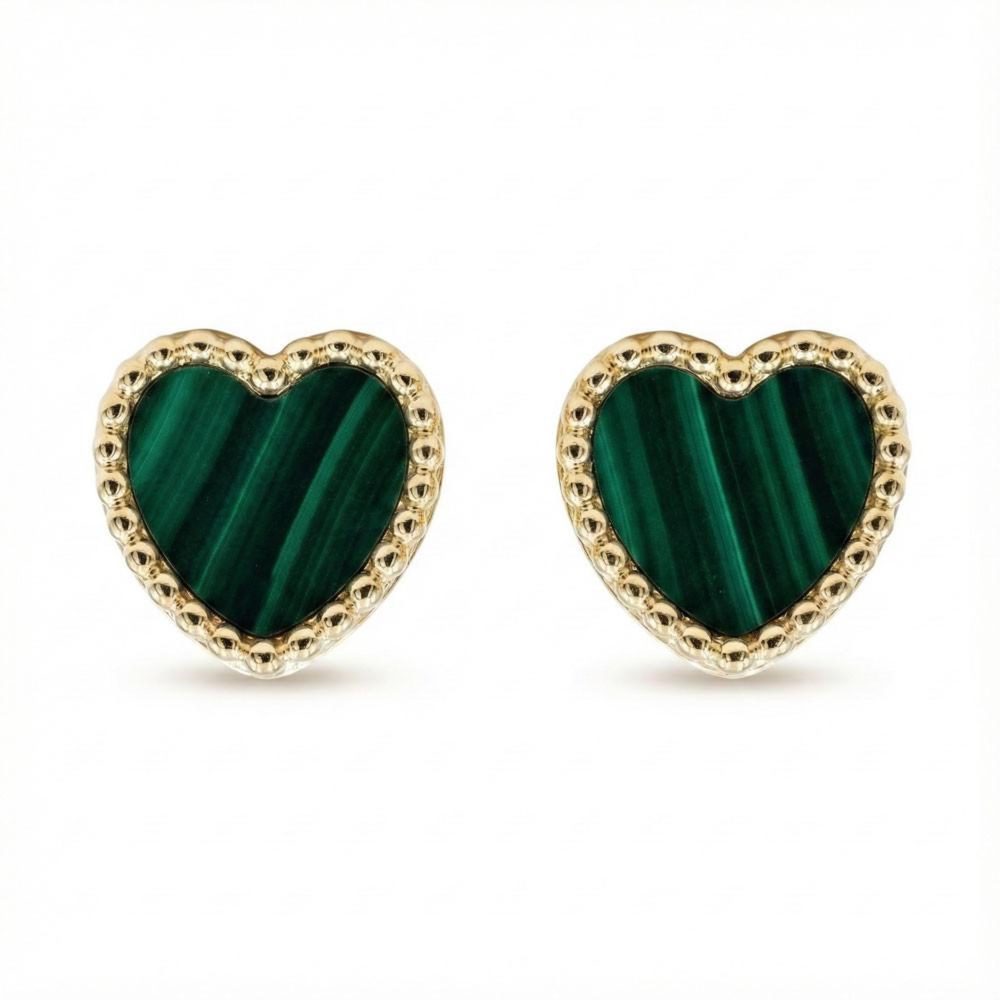 L'ATELIER D'AZUR Boucles d'Oreilles Or Jaune et Malachite - Puces Motif Coeur