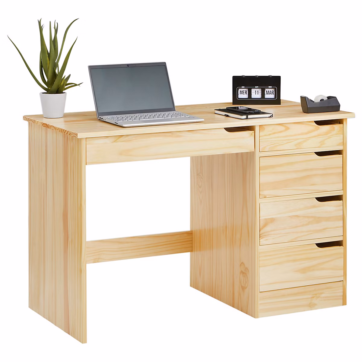 Bureau HUGO avec 5 tiroirs en pin massif à la finition naturellel – Réf. RYNFNFZBV5847277371