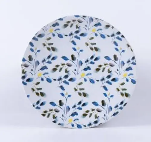 Confort au jardin：Assiette à dessert en grès à motif végétal bleu et vert Althéa - Ø 21 cm