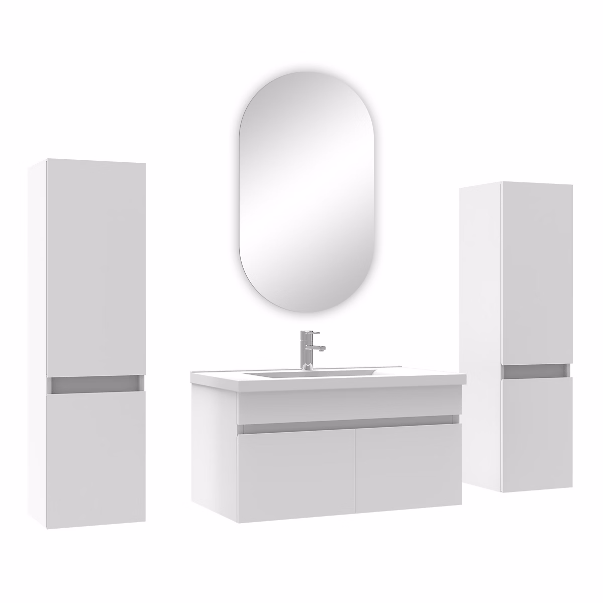 Ensemble meubles Salle de Bain simple vasque 80cm – colonne x2 + miroir ovale Blanc