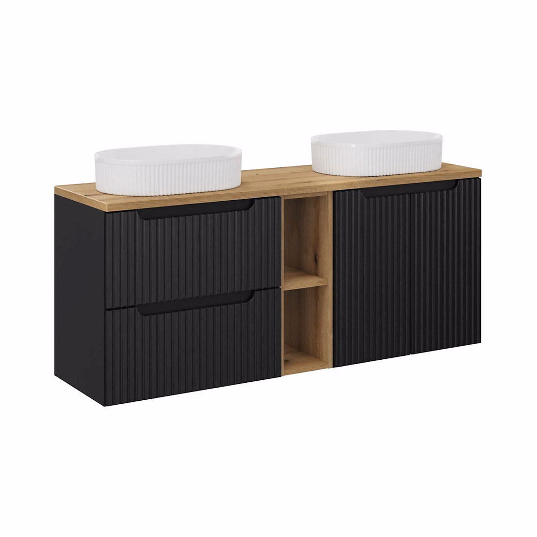 Ensemble VANO 140cm : meubles sous vasque avec niches visibles à tiroirs et placards et deux vasques à poser rainurées – Réf. UCJSJXLEK9277699418