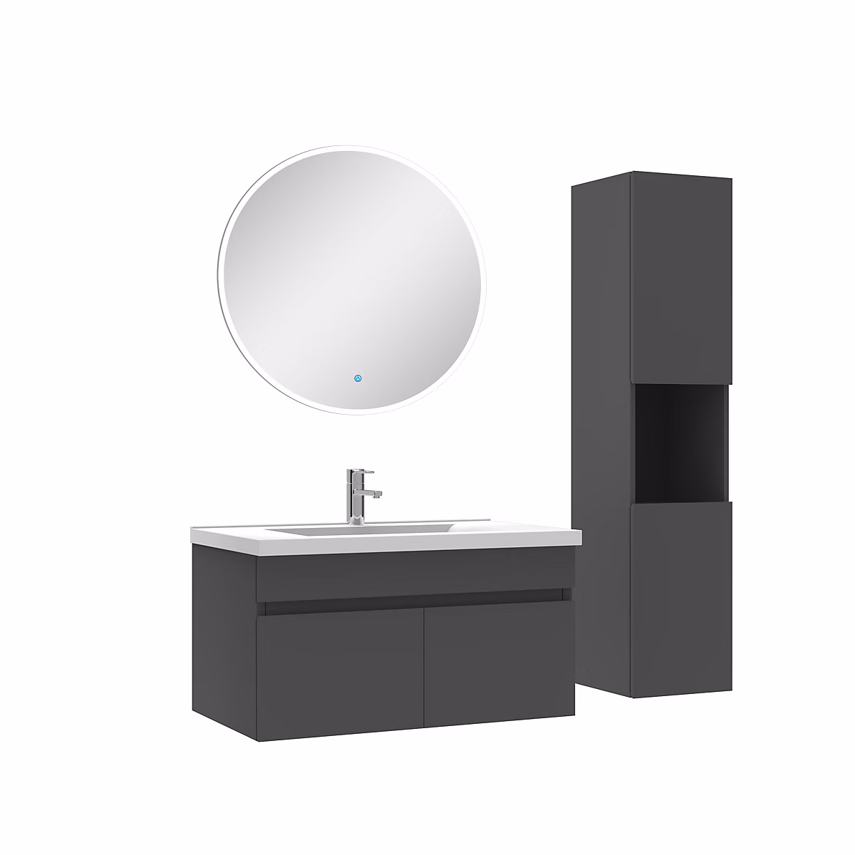Ensemble Salle De Bain avec colonne et miroir rond 80cm meuble Anthracite – Réf. WZRUOZQJK8985095838