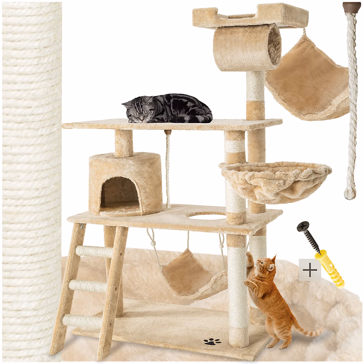 Arbre à chat beige multifonction 141 cm sisal peluche polyester nombreuses cachettes | Chat
