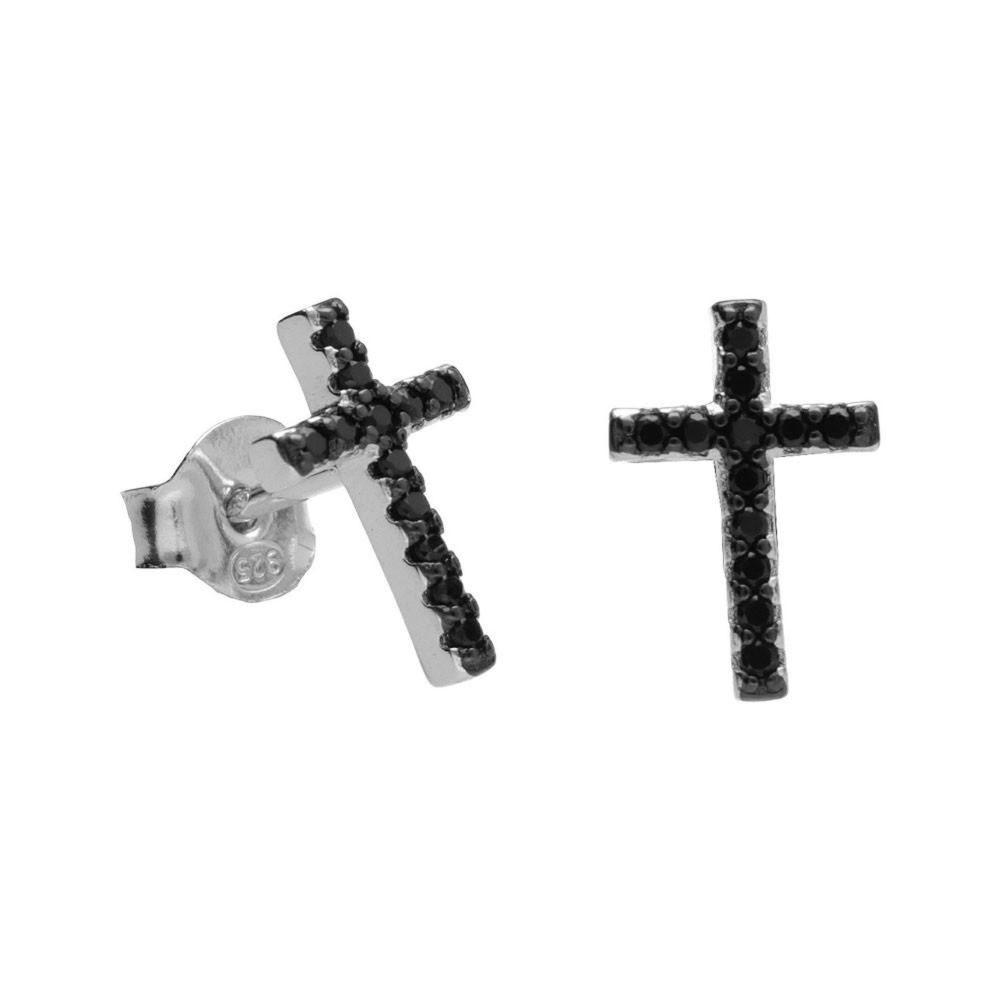 L'ATELIER D'AZUR Boucles d'Oreilles Argent 925/000 Rhodié - Croix Pavée de Zirconiums Noirs