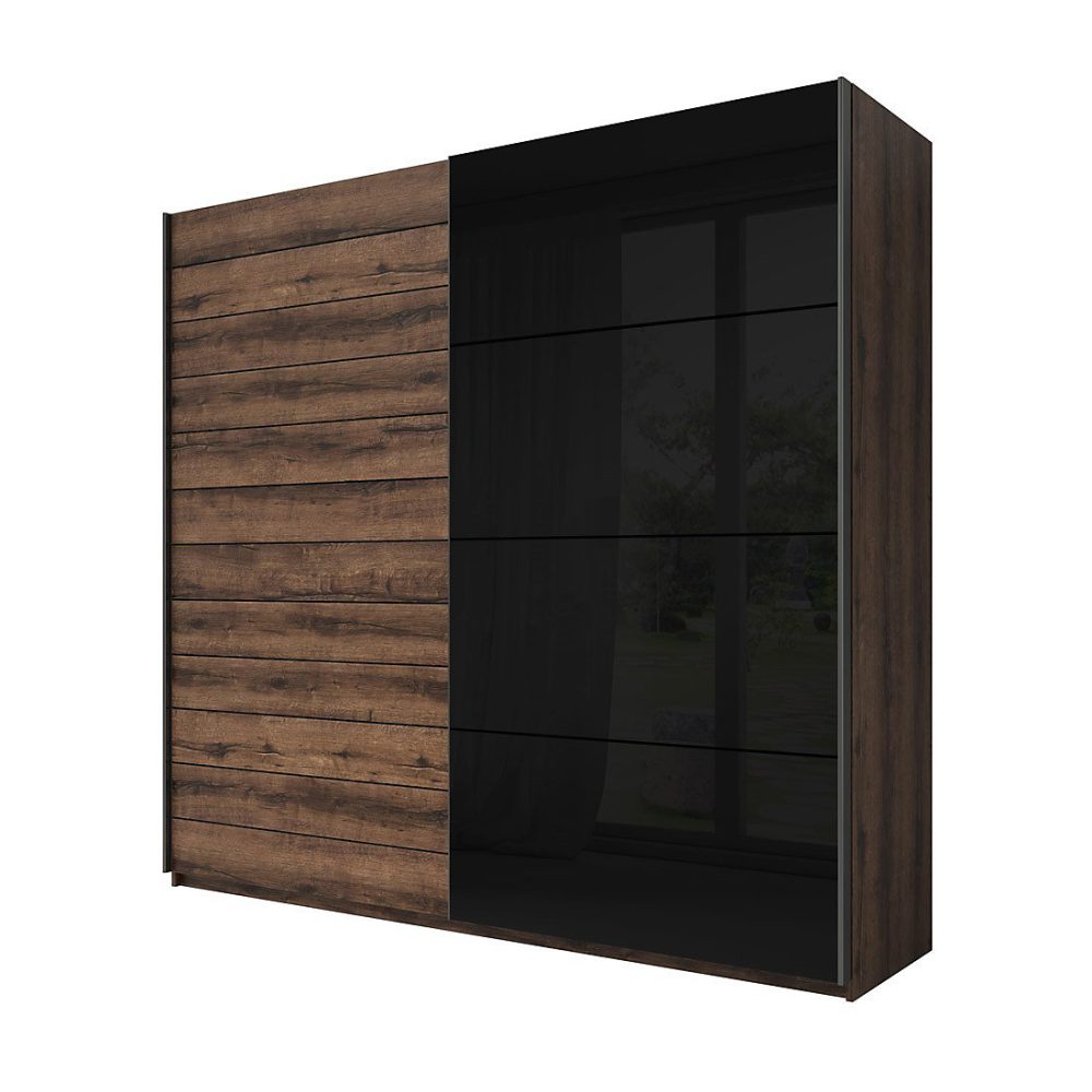 Armoire penderie – Armoire 2 portes coulissantes 200cm couleur chene foncé et noir. Collection FLOYD