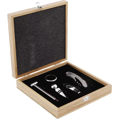 Jardin & loisirs：Coffret oenologique 5 accessoires coloris marron en bambou - 22 x 22 x 4 cm