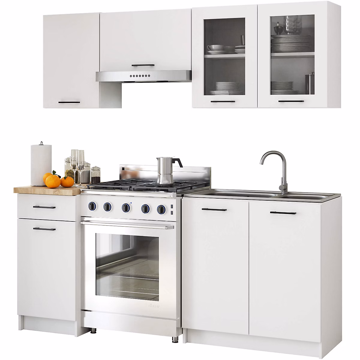 Ensemble de cuisine vitré AKORD OLIWIA 1.8m Blanc 180 cm 7 portes 1 tiroir façade Blanche 8 étagères 180 × 46 × 203 cm