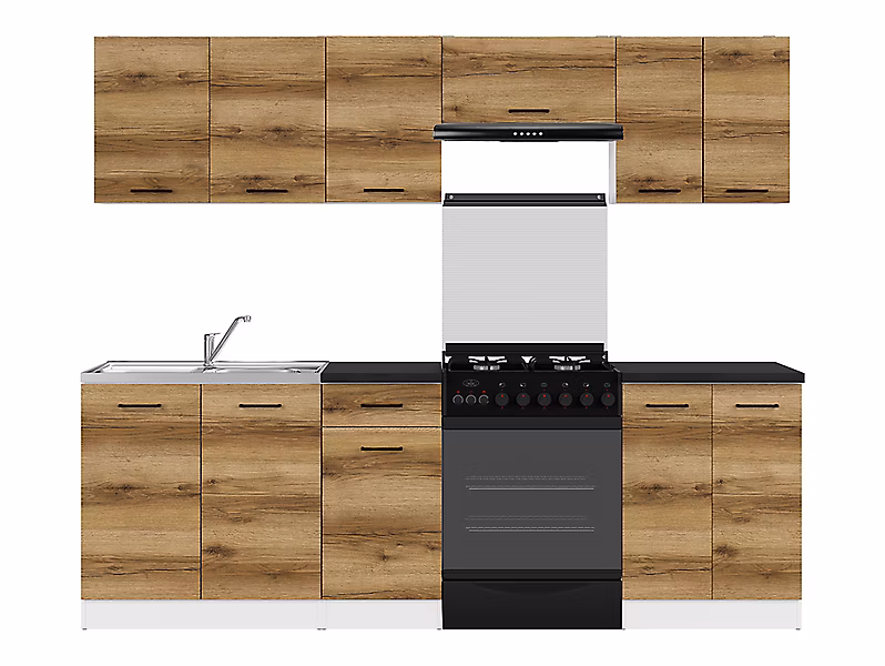 Cuisine complète 240 cm | Ensemble de meuble de cuisine coloris Chêne delano/Blanc – plan de travail noir inclus