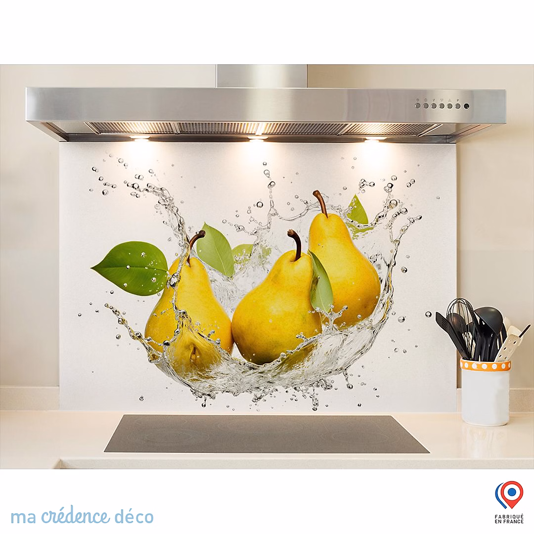 Crédence cuisine fond de hotte Bain de poires – Verre trempé, L 90 cm x H 60 cm, MaCrédenceDéco