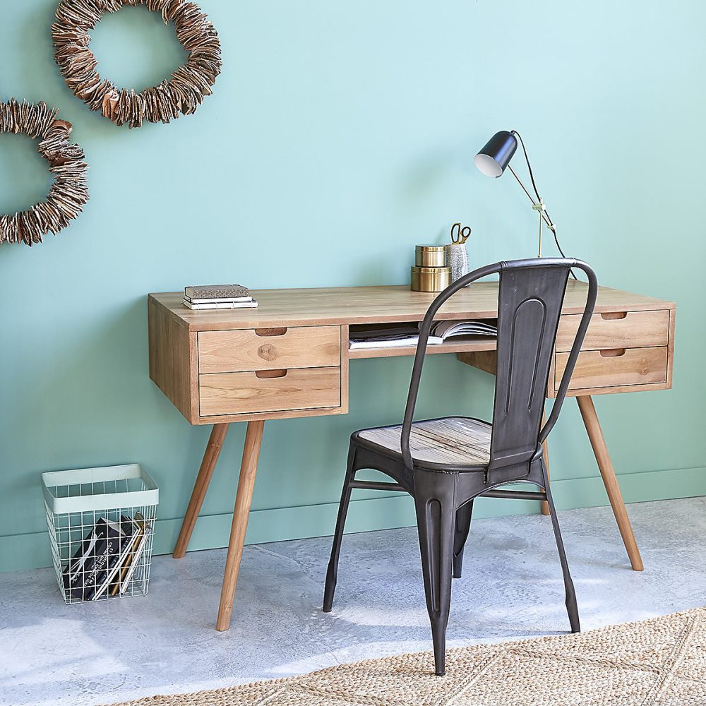 Bureau en teck massif 130 cm 4 tiroirs – Réf. EUGDRMOIP7156473135