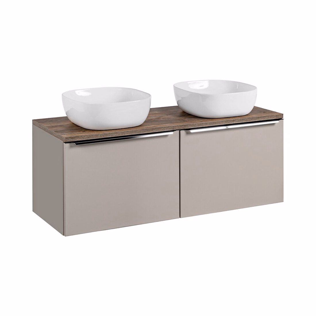 Meuble vasque – Ensemble de salle de bain VANTA taupe : meuble sous vasque 120cm et plan vasque et 2 vasques blanches à poser