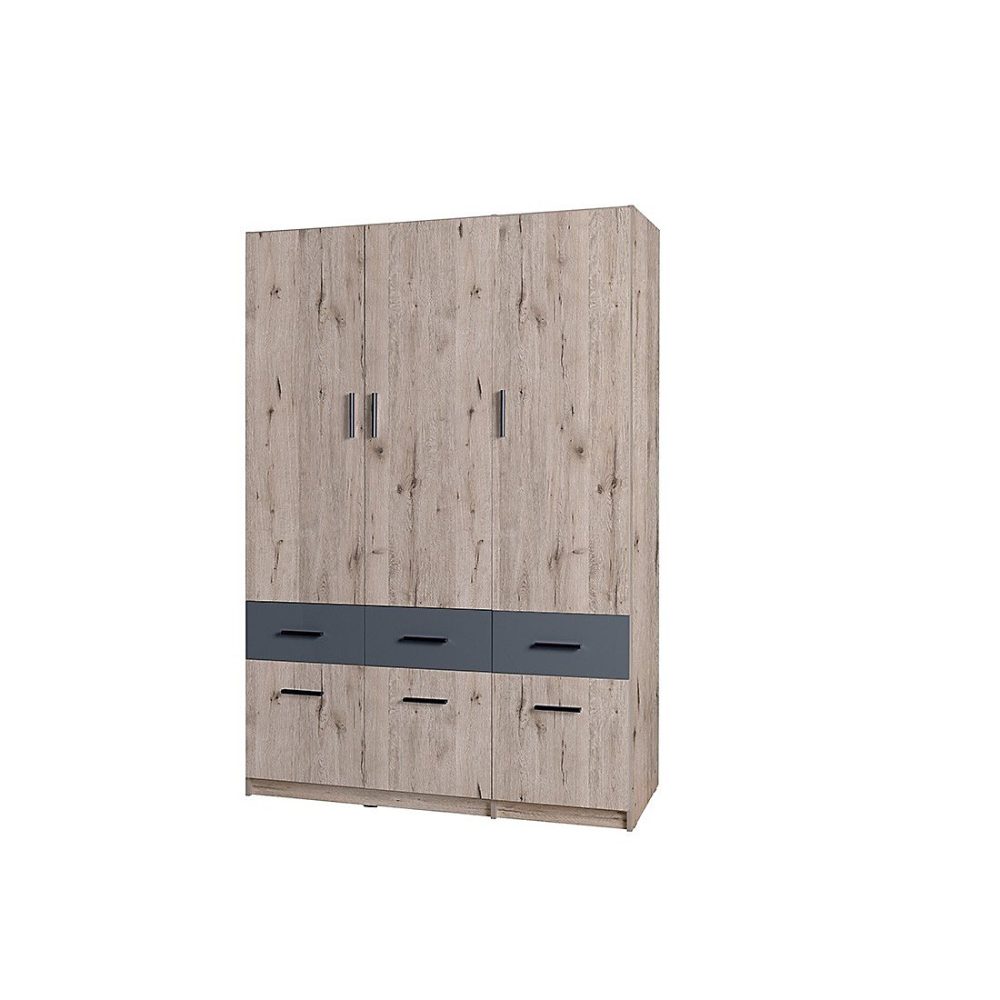 Armoire penderie – Armoire 3 portes 6 tiroirs FLEX Chene wellington et gris graphite Style contemporain