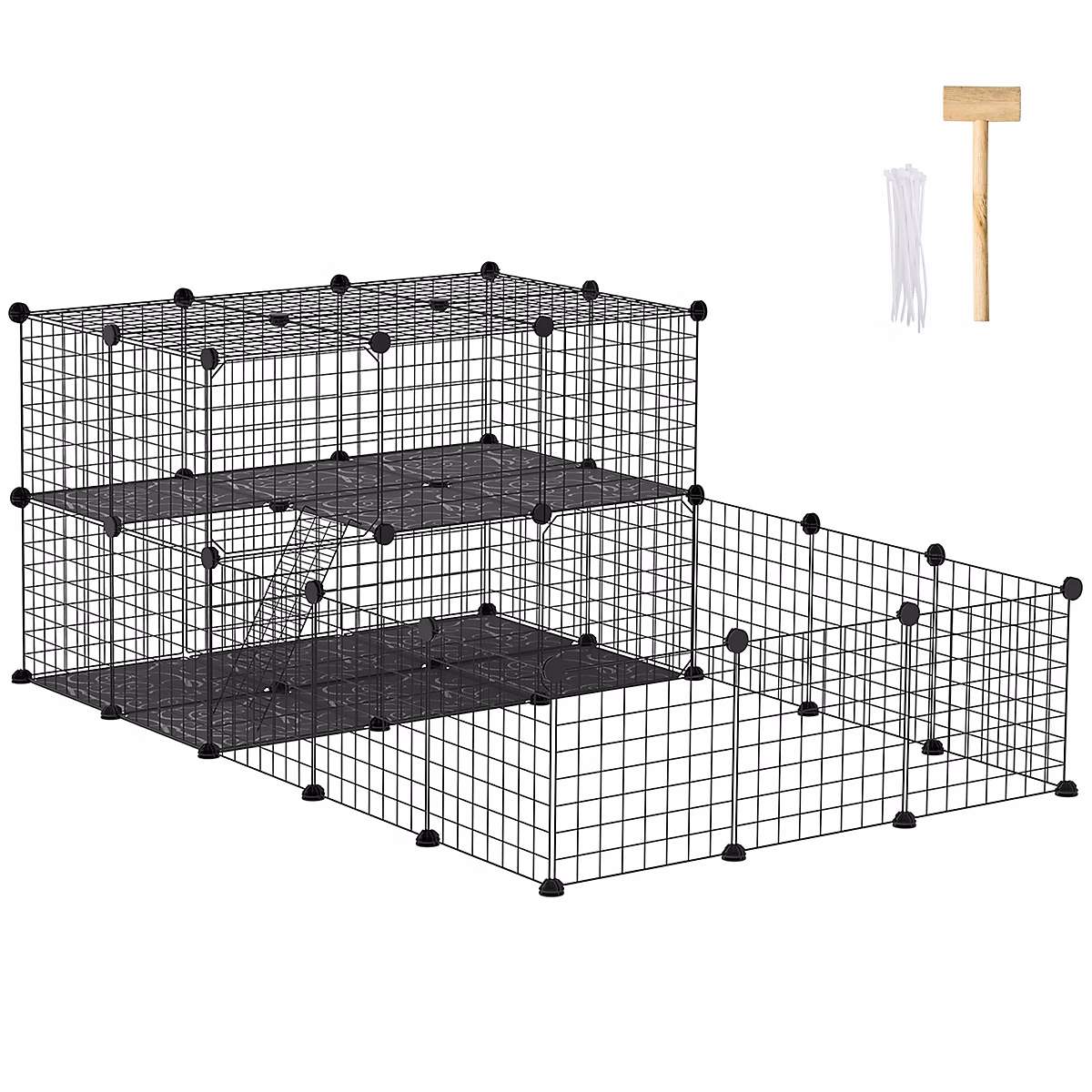 Cage parc enclos rongeurs modulable dim. L 175 x l 105 x H 70 cm 2 niveaux 2 portes rampe résine PP fil métallique noir – Réf. AKMWHUOYK0073451243