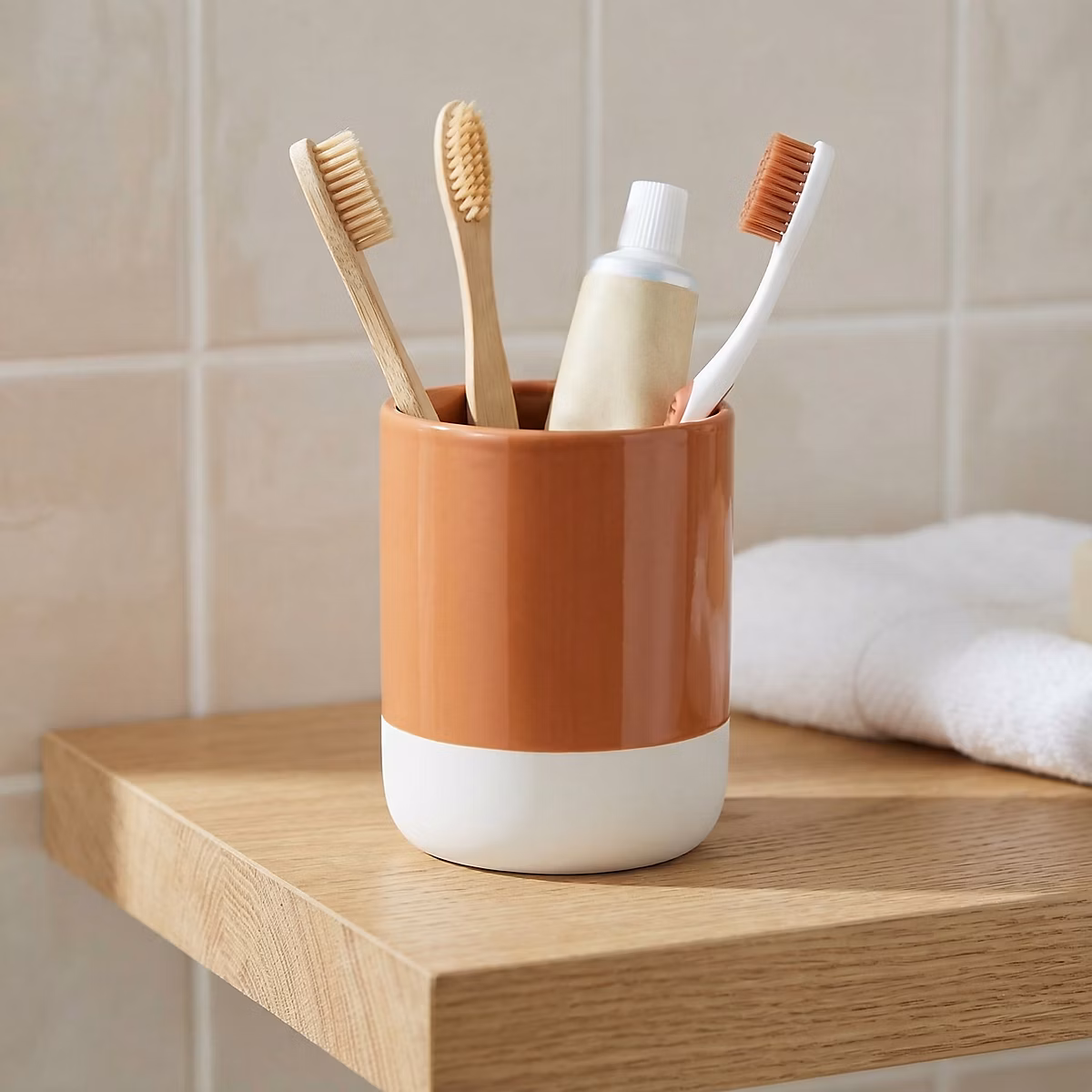Gobelet salle de bains terracotta et blanc en céramique Ø7 – 8 x H.10,2 cm, GoodHome Koros